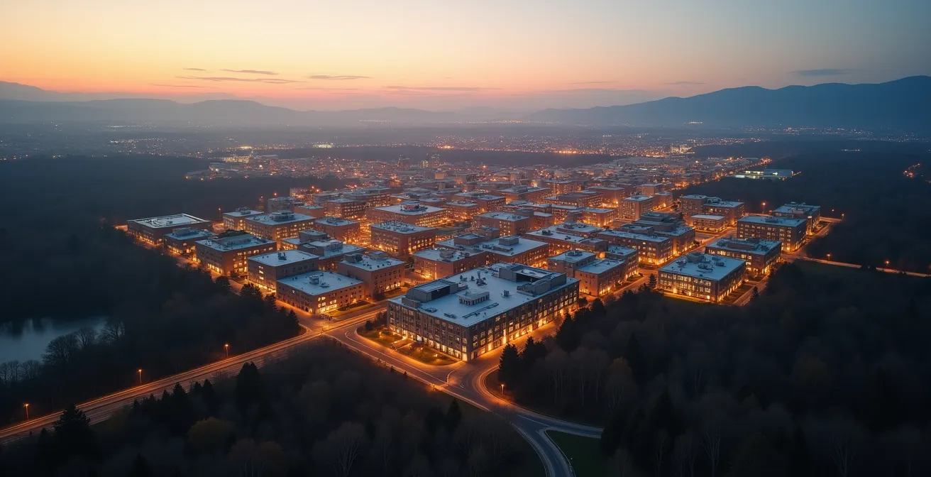 Vue aérienne minimaliste montrant les campus universitaires du Québec reliés par des lignes lumineuses