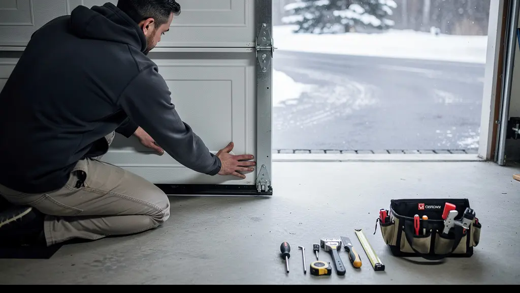 Technicien inspectant les joints coupe-froid au bas d'une porte de garage résidentielle
