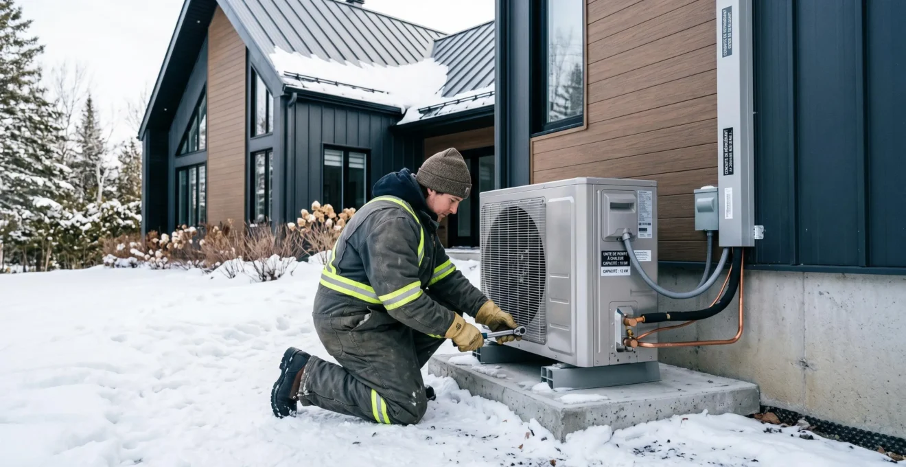 Technicien professionnel installant une thermopompe extérieure devant une maison québécoise en hiver