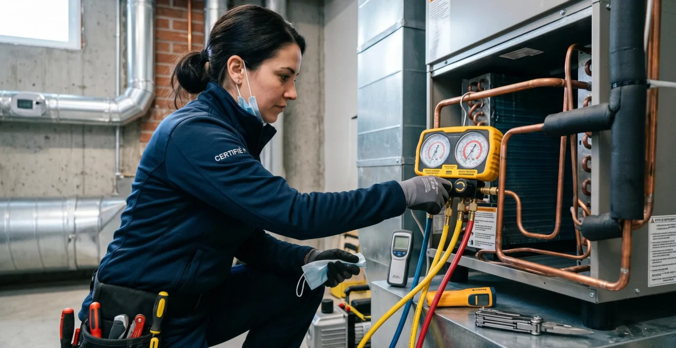 Technicien utilisant des manomètres pour vérifier la charge frigorifique d'une installation de thermopompe