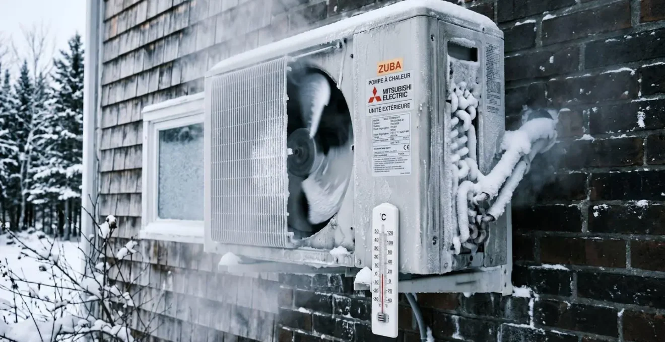 Unité extérieure de thermopompe avec givre et vapeur visible fonctionnant par -20°C