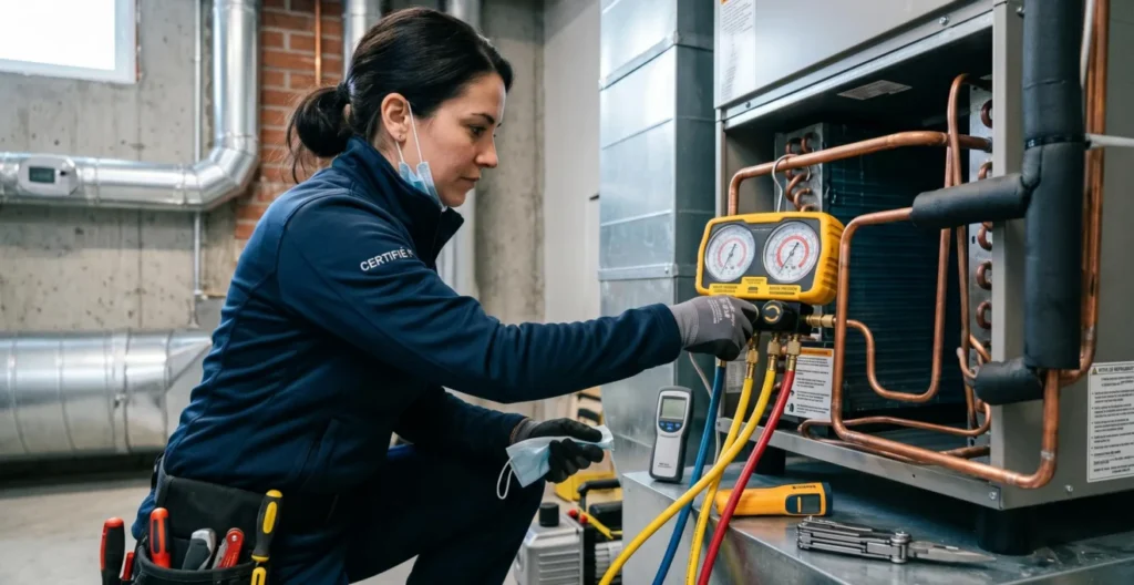 Technicien utilisant des manomètres pour vérifier la charge frigorifique d'une installation de thermopompe Technicien utilisant des manomètres pour vérifier la charge frigorifique d'une installation de thermopompe